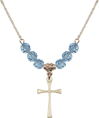 18" Hamilton Gold Plated Necklace with 4mm Aqua Crystal Beads featuring a 14kt Gold Filled Maltese Cross Medal.