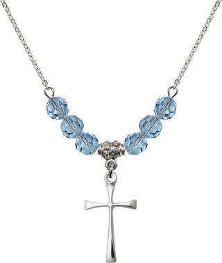 18" Rhodium Plated Necklace with 4mm Aqua Crystal Beads featuring a Sterling Silver Maltese Cross Medal.