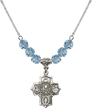 18" Rhodium Plated Necklace with 4mm Aqua Crystal Beads featuring a Sterling Silver Communion/5-Way Medal.