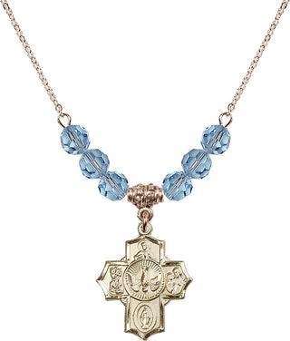 18" Hamilton Gold Plated Necklace with 4mm Aqua Crystal Beads featuring a 14kt Gold Filled 5-Way Medal.