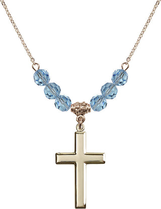 18" Hamilton Gold Plated Necklace with 4mm Aqua Crystal Beads featuring a 14kt Gold Filled Cross Medal.