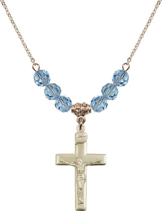 18" Hamilton Gold Plated Necklace with 4mm Aqua Crystal Beads featuring a 14kt Gold Filled Crucifix Medal.