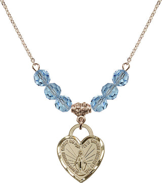 18" Hamilton Gold Plated Necklace with 4mm Aqua Crystal Beads featuring a 14kt Gold Filled Miraculous Heart Medal. Engraved Catholic Saint Jewelry