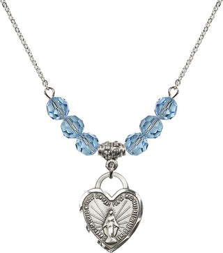 18" Rhodium Plated Necklace with 4mm Aqua Crystal Beads featuring a Sterling Silver Miraculous Heart Medal. Engraved Catholic Saint Jewelry