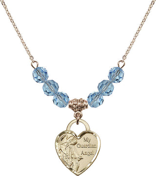18" Hamilton Gold Plated Necklace with 4mm Aqua Crystal Beads featuring a 14kt Gold Filled Guardian Angel Heart Medal. Engraved Catholic Saint Jewelry