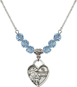 18" Rhodium Plated Necklace with 4mm Aqua Crystal Beads featuring a Sterling Silver Guardian Angel Heart Medal. Engraved Catholic Saint Jewelry