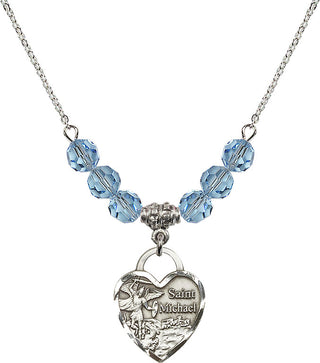 18" Rhodium Plated Necklace with 4mm Aqua Crystal Beads featuring a Sterling Silver Saint Michael the Archangel Medal. Engraved Catholic Saint Jewelry