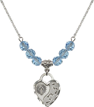 18" Rhodium Plated Necklace with 4mm Aqua Crystal Beads featuring a Sterling Silver Footprints Heart Medal. Engraved Catholic Saint Jewelry