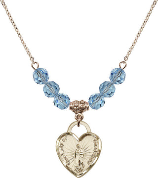 18" Hamilton Gold Plated Necklace with 4mm Aqua Crystal Beads featuring a 14kt Gold Filled Our Lady Guadalupe Heart / Recuerdo Medal.