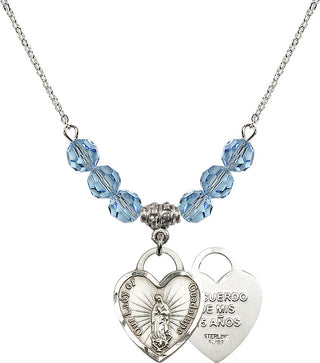 18" Rhodium Plated Necklace with 4mm Aqua Crystal Beads featuring a Sterling Silver Our Lady Guadalupe Heart / Recuerdo Medal.