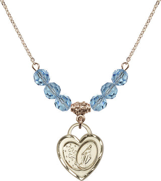 18" Hamilton Gold Plated Necklace with 4mm Aqua Crystal Beads featuring a 14kt Gold Filled Miraculous Heart Medal.
