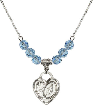 18" Rhodium Plated Necklace with 4mm Aqua Crystal Beads featuring a Sterling Silver Miraculous Heart Medal.