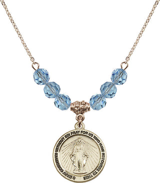 18" Hamilton Gold Plated Necklace with 4mm Aqua Crystal Beads featuring a 14kt Gold Filled Miraculous Medal.