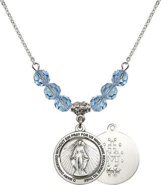 18" Rhodium Plated Necklace with 4mm Aqua Crystal Beads featuring a Sterling Silver Miraculous Medal.