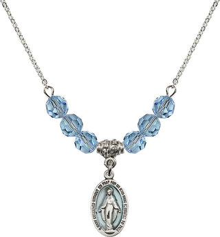 18" Rhodium Plated Necklace with 4mm Aqua Crystal Beads featuring a Sterling Silver Miraculous Medal.