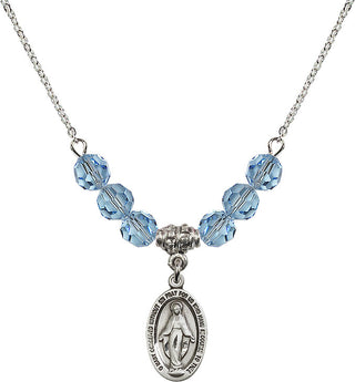 18" Rhodium Plated Necklace with 4mm Aqua Crystal Beads featuring a Sterling Silver Miraculous Medal.