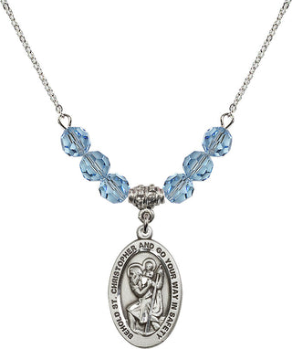 18" Rhodium Plated Necklace with 4mm Aqua Crystal Beads featuring a Sterling Silver Saint Christopher Medal. Engraved Catholic Saint Jewelry
