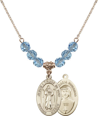 18" Hamilton Gold Plated Necklace with 4mm Aqua Crystal Beads featuring a 14kt Gold Filled Divine Mercy Medal.
