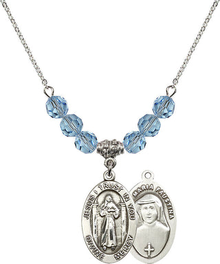 18" Rhodium Plated Necklace with 4mm Aqua Crystal Beads featuring a Sterling Silver Divine Mercy Medal.