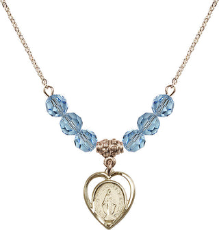 18" Hamilton Gold Plated Necklace with 4mm Aqua Crystal Beads featuring a 14kt Gold Filled Miraculous Medal.