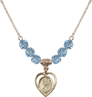 18" Hamilton Gold Plated Necklace with 4mm Aqua Crystal Beads featuring a 14kt Gold Filled Saint Christopher Medal.
