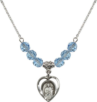 18" Rhodium Plated Necklace with 4mm Aqua Crystal Beads featuring a Sterling Silver Saint Jude Medal.