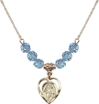 18" Hamilton Gold Plated Necklace with 4mm Aqua Crystal Beads featuring a 14kt Gold Filled Guardian Angel Medal.