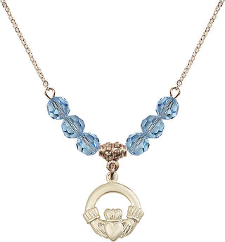 18" Hamilton Gold Plated Necklace with 4mm Aqua Crystal Beads featuring a 14kt Gold Filled Claddagh Medal.