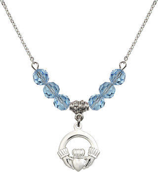 18" Rhodium Plated Necklace with 4mm Aqua Crystal Beads featuring a Sterling Silver Claddagh Medal.