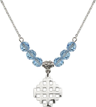 18" Rhodium Plated Necklace with 4mm Aqua Crystal Beads featuring a Sterling Silver Jerusalem Cross Medal.