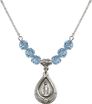 18" Rhodium Plated Necklace with 4mm Aqua Crystal Beads featuring a Sterling Silver Miraculous Medal.