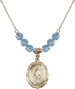 18" Hamilton Gold Plated Necklace with 4mm Aqua Crystal Beads featuring a 14kt Gold Filled Miraculous Medal.