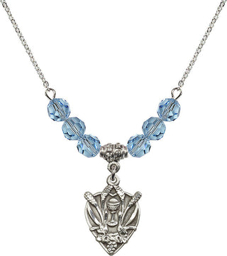 18" Rhodium Plated Necklace with 4mm Aqua Crystal Beads featuring a Sterling Silver Communion Medal.