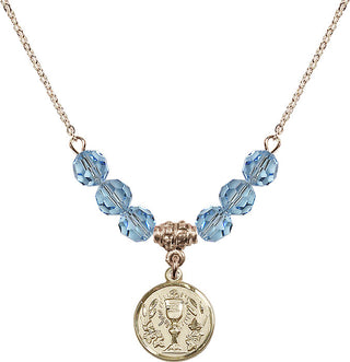 18" Hamilton Gold Plated Necklace with 4mm Aqua Crystal Beads featuring a 14kt Gold Filled Communion Chalice Medal.