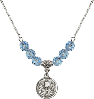 18" Rhodium Plated Necklace with 4mm Aqua Crystal Beads featuring a Sterling Silver Communion Chalice Medal.