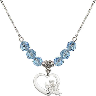 18" Rhodium Plated Necklace with 4mm Aqua Crystal Beads featuring a Sterling Silver Heart / Guardian Angel Medal.