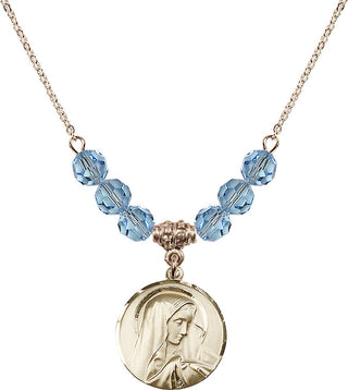 18" Hamilton Gold Plated Necklace with 4mm Aqua Crystal Beads featuring a 14kt Gold Filled Sorrowful Mother Medal.