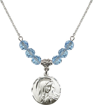 18" Rhodium Plated Necklace with 4mm Aqua Crystal Beads featuring a Sterling Silver Sorrowful Mother Medal.