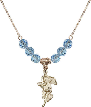 18" Hamilton Gold Plated Necklace with 4mm Aqua Crystal Beads featuring a 14kt Gold Filled Guardian Angel Medal.