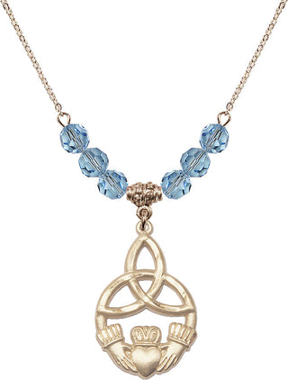 18" Hamilton Gold Plated Necklace with 4mm Aqua Crystal Beads featuring a 14kt Gold Filled Irish Knot / Claddagh Medal.