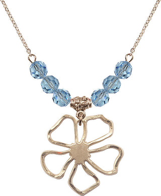 18" Hamilton Gold Plated Necklace with 4mm Aqua Crystal Beads featuring a 14kt Gold Filled Five Pedal Flower Medal.