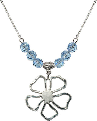 18" Rhodium Plated Necklace with 4mm Aqua Crystal Beads featuring a Sterling Silver Five Pedal Flower Medal.