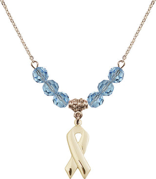 18" Hamilton Gold Plated Necklace with 4mm Aqua Crystal Beads featuring a 14kt Gold Filled Cancer Awareness Medal.