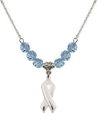 18" Rhodium Plated Necklace with 4mm Aqua Crystal Beads featuring a Sterling Silver Cancer Awareness Medal.