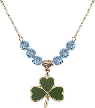 18" Hamilton Gold Plated Necklace with 4mm Aqua Crystal Beads featuring a 14kt Gold Filled Shamrock Medal.