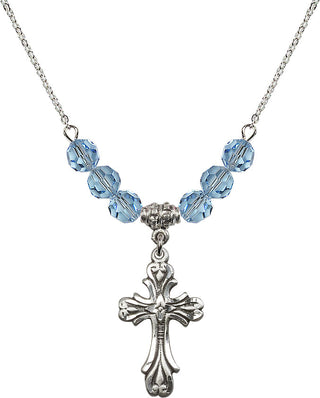 18" Rhodium Plated Necklace with 4mm Aqua Crystal Beads featuring a Sterling Silver Cross Medal.