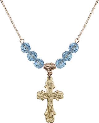 18" Hamilton Gold Plated Necklace with 4mm Aqua Crystal Beads featuring a 14kt Gold Filled Crucifix Medal.