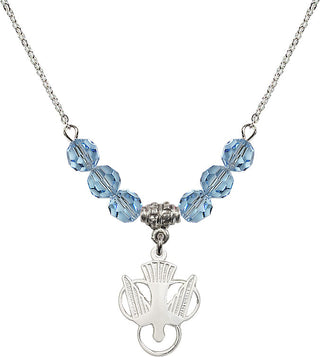18" Rhodium Plated Necklace with 4mm Aqua Crystal Beads featuring a Sterling Silver Holy Spirit Medal.