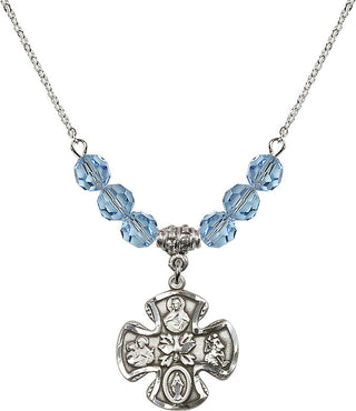 18" Rhodium Plated Necklace with 4mm Aqua Crystal Beads featuring a Sterling Silver 5-Way Medal.