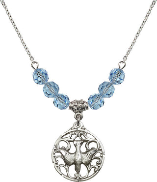 18" Rhodium Plated Necklace with 4mm Aqua Crystal Beads featuring a Sterling Silver Holy Spirit Medal.